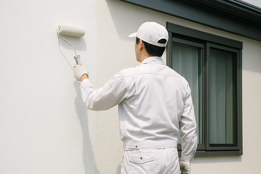 ローラーで外壁塗装を行う30代男性