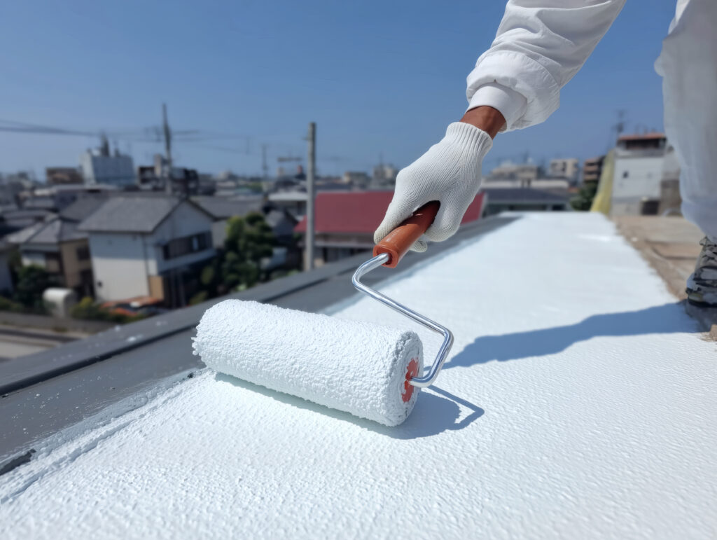 白く屋根塗装を行う男性